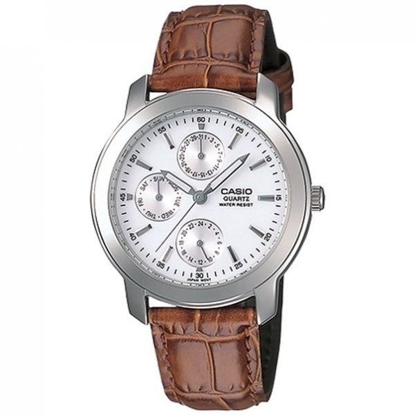 Casio Men's Core MTP1192E-7A Brown Leather Quartz Watch with White Dial